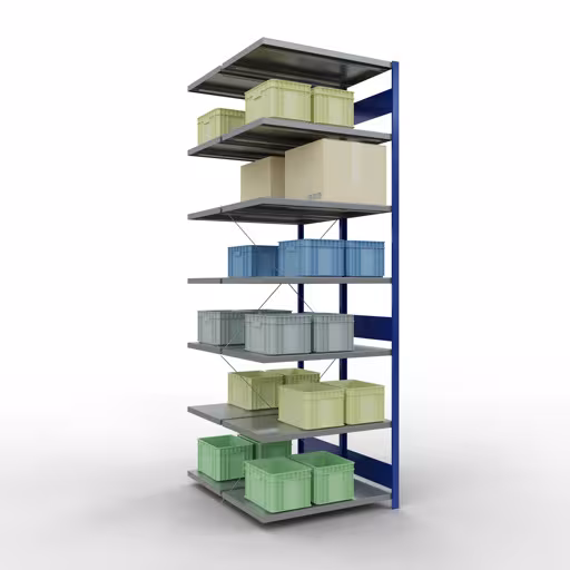 Produktbild Nr.11 des Artikels Anbauregal Stecksystem MULTIplus250, 3000 x 1000 x (2x600) mm (HxBxT), 2x7 Fachböden, Kreuzstrebe, RAL 7035 lichtgrau/enzianblau aus der Produktreihe Fachbodenregale von der Marke Schulte Lagertechnik