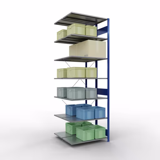 Andere Ansicht des Artikels Anbauregal, Doppelregal, Fachbodenregal Stecksystem MULTIplus150, 3000 x 1000 x (2x1000) mm (HxBxT), 2x7 Fachböden, Kreuzstrebe, RAL 5010 enzianblau aus der Kategorie Doppelregale