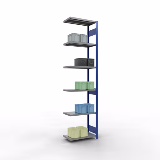 Anbauregal, Fachbodenregal Stecksystem MULTIplus250, 3000 x 750 x 400 mm (HxBxT), 7 Fachböden, Längenriegel, RAL 5010 enzianblau/verzinkt/verzinkt von Schulte Lagertechnik mit der Artikelnr. 12947-75-LR-B