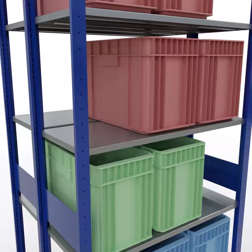 Andere Ansicht des Artikels Grundregal, Doppelregal, Fachbodenregal Stecksystem MULTIplus150, 3000 x 1000 x (2x400) mm (HxBxT), 2x7 Fachböden, Längenriegel, RAL 5010 enzianblau aus der Kategorie Fachbodenregale