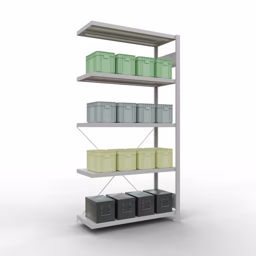 Produktbild Nr.12 des Artikels Anbauregal, Fachbodenregal Stecksystem MULTIplus250, 2000 x 1000 x 400 mm (HxBxT), 5 Fachböden, Kreuzstrebe, RAL 7035 lichtgrau aus der Produktreihe Stecksystem von der Marke Schulte Lagertechnik