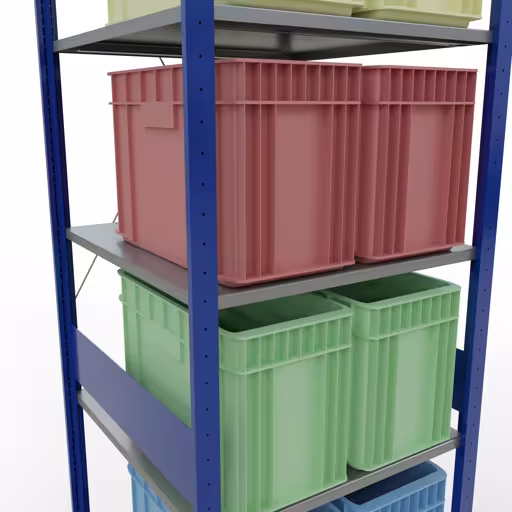 Andere Ansicht des Artikels Grundregal, Fachbodenregal Stecksystem MULTIplus150, 3000 x 750 x 800 mm (HxBxT), 7 Fachböden, Kreuzstrebe, RAL 5010 enzianblau/verzinkt/verzinkt aus der Kategorie Stecksystem