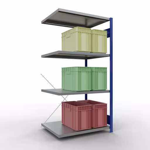 Anbauregal, Fachbodenregal Stecksystem MULTIplus330, 2000 x 1000 x 800 mm (HxBxT), 5 Fachböden, Kreuzstrebe, RAL 5010 enzianblau/verzinkt von Schulte Lagertechnik mit der Artikelnr. 13985-B