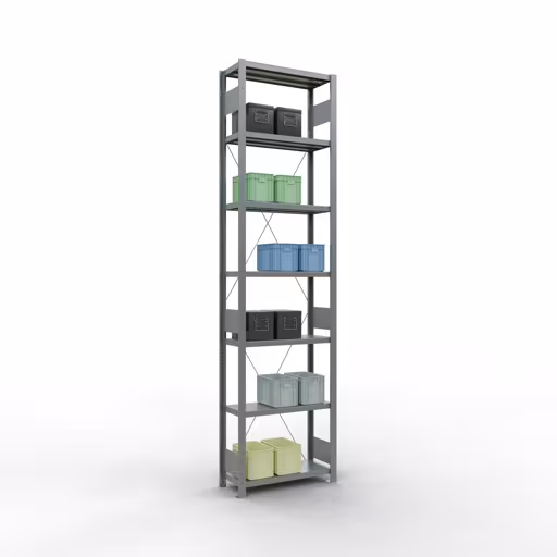 Andere Ansicht des Artikels Grundregal, Fachbodenregal Stecksystem MULTIplus250, 3000 x 750 x 300 mm (HxBxT), 7 Fachböden, Kreuzstrebe, verzinkt aus der Kategorie Stecksystem