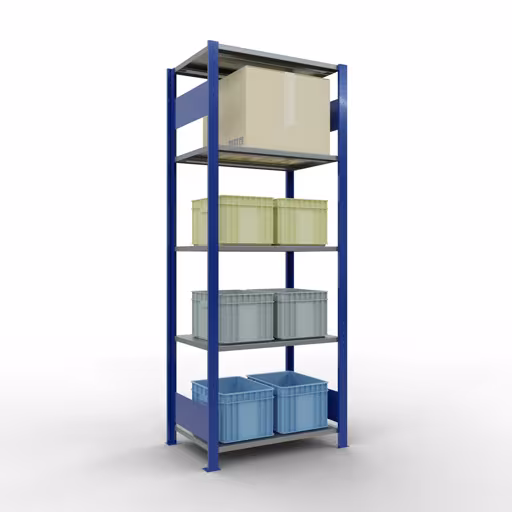 Grundregal, Fachbodenregal Stecksystem MULTIplus150, 2000 x 750 x 500 mm (HxBxT), 5 Fachböden, Längenriegel, RAL 5010 enzianblau/verzinkt/verzinkt mit der Artikelnr. 12750-75-LR-B Grundregal, Fachbodenregal Stecksystem MULTIplus150, 2000 x 750 x 500 mm (HxBxT), 5 Fachböden, Längenriegel, RAL 5010 enzianblau/verzinkt/verzinkt von Schulte Lagertechnik aus der Kategorie Stecksystem