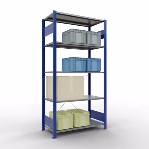 Grundregal, Fachbodenregal Stecksystem MULTIplus85, 2000 x 1000 x 500 mm (HxBxT), 5 Fachböden, Kreuzstrebe, RAL 5010 enzianblau von Schulte Lagertechnik mit der Artikelnr. 13150-B