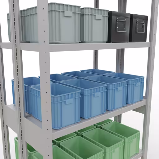 Zusatzbild des Artikels Grundregal, Doppelregal, Fachbodenregal Stecksystem MULTIplus250, 2500 x 1000 x (2x300) mm (HxBxT), 2x6 Fachböden, Kreuzstrebe, RAL 7035 lichtgrau aus Doppelregale