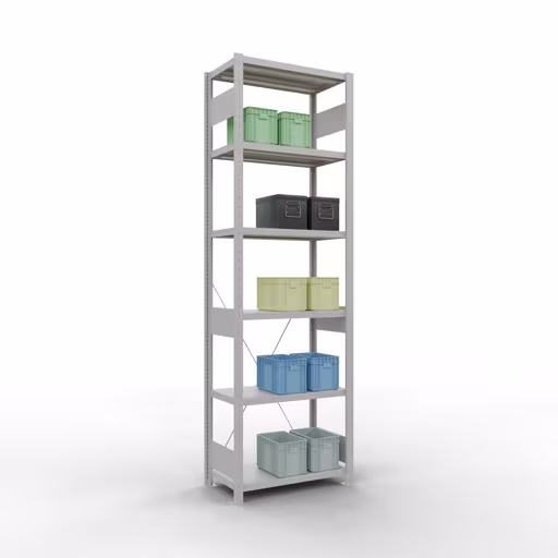 Produktbild Nr 14 des Artikels Grundregal, Fachbodenregal Stecksystem MULTIplus250, 2500 x 750 x 400 mm (HxBxT), 6 Fachböden, Kreuzstrebe, RAL 7035 lichtgrau Abbildung Nr 14 des Artikels Grundregal, Fachbodenregal Stecksystem MULTIplus250, 2500 x 750 x 400 mm (HxBxT), 6 Fachböden, Kreuzstrebe, RAL 7035 lichtgrau aus der Produktgruppe Stecksystem von der Marke Schulte Lagertechnik