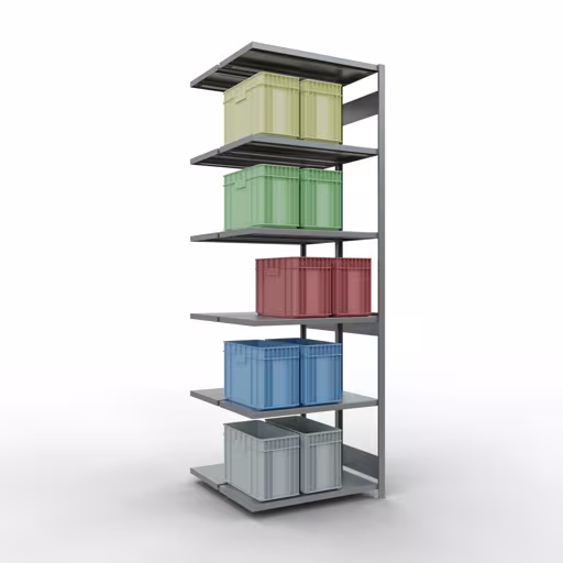 Andere Ansicht des Artikels Anbauregal, Doppelregal, Fachbodenregal Stecksystem MULTIplus250, 3000 x 1000 x (2x500) mm (HxBxT), 2x7 Fachböden, Längenriegel, verzinkt aus der Kategorie Doppelregale