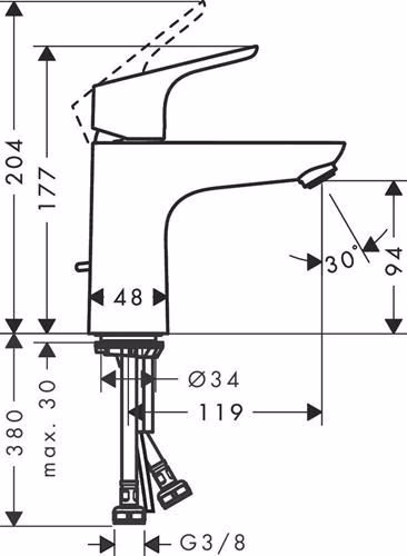 Technische Zeichnung 4027414 Hansgrohe Einhebel-Waschtischmischer FOCUS 100 Nennweite 15 Zugstangen-Ablaufgarnitur G 1 1/4 Zoll chrom