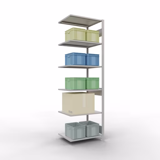 Andere Ansicht des Artikels Anbauregal, Fachbodenregal Stecksystem MULTIplus150, 2500 x 750 x 600 mm (HxBxT), 6 Fachböden, Längenriegel, RAL 7035 lichtgrau aus der Kategorie Anbauregal