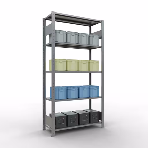 Grundregal, Fachbodenregal Stecksystem MULTIplus150, 2000 x 1000 x 400 mm (HxBxT), 5 Fachböden, Längenriegel, verzinkt von Schulte Lagertechnik mit der Artikelnr. 12740-LR