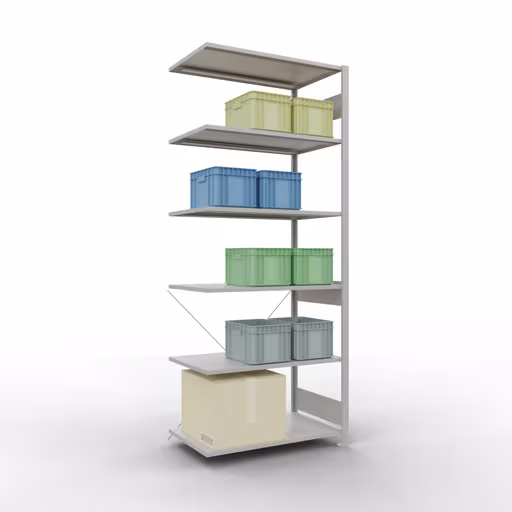 Anbauregal, Fachbodenregal Stecksystem MULTIplus85, 2500 x 1000 x 600 mm (HxBxT), 6 Fachböden, Kreuzstrebe, RAL 7035 lichtgrau von der Marke Schulte Lagertechnik aus der Produktreihe Stecksystem
