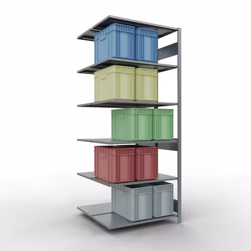 Produktbild Nr 15 des Artikels Anbauregal, Doppelregal, Fachbodenregal Stecksystem MULTIplus150, 2500 x 1000 x (2x500) mm (HxBxT), 2x6 Fachböden, Längenriegel, verzinkt Abbildung Nr 15 des Artikels Anbauregal, Doppelregal, Fachbodenregal Stecksystem MULTIplus150, 2500 x 1000 x (2x500) mm (HxBxT), 2x6 Fachböden, Längenriegel, verzinkt aus der Produktgruppe Fachbodenregale von der Marke Schulte Lagertechnik