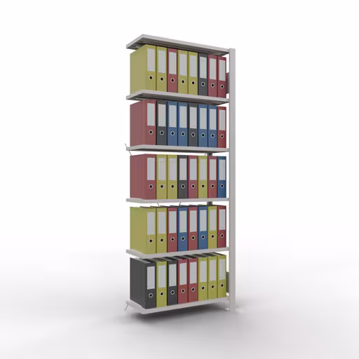 Anbauregal, Büro-Fachbodenregal Stecksystem MULTIplus85, 2000 x 750 x 300 mm (HxBxT), 6 Fachböden, Kreuzstrebe, ohne Anschlagleiste, lichtgrau von Schulte Lagertechnik mit der Artikelnr. 36027