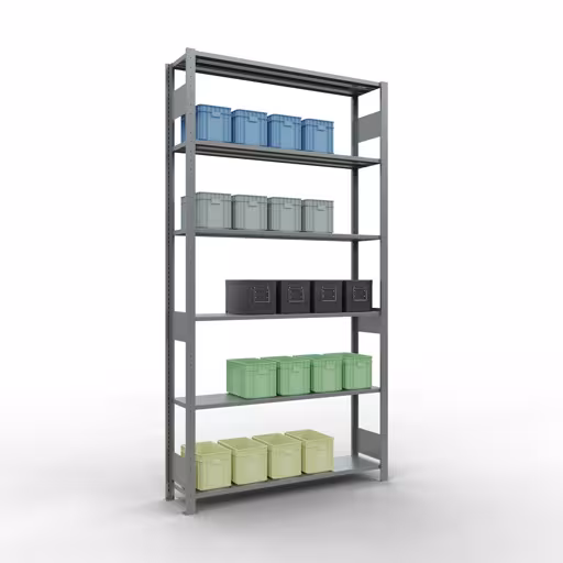 Grundregal, Fachbodenregal Stecksystem MULTIplus150, 2500 x 1300 x 300 mm (HxBxT), 6 Fachböden, Längenriegel, verzinkt von Schulte Lagertechnik mit der Artikelnr. 12731-130-LR