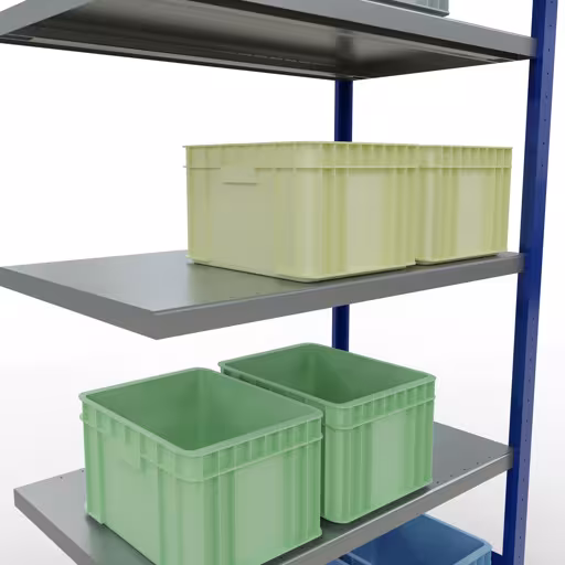 Zusatzbild des Artikels Anbauregal, Fachbodenregal Stecksystem MULTIplus330, 2000 x 1000 x 600 mm (HxBxT), 5 Fachböden, Längenriegel, RAL 5010 enzianblau/verzinkt aus Anbauregal