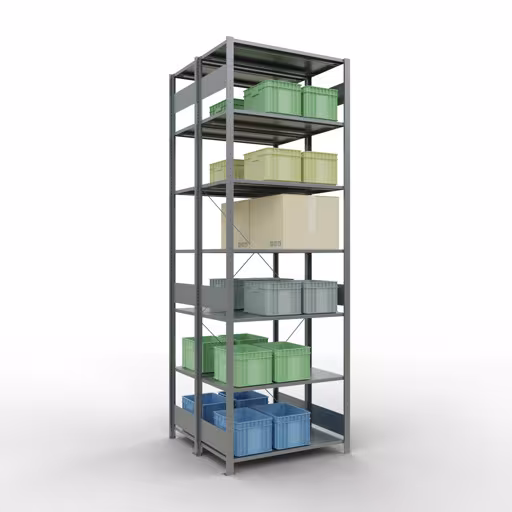 Abbildung Nr 10 des Artikels Grundregal, Doppelregal, Fachbodenregal Stecksystem MULTIplus150, 3000 x 1000 x (2x1000) mm (HxBxT), 2x7 Fachböden, Kreuzstrebe, verzinkt aus der Produktgruppe Fachbodenregale von der Marke Schulte Lagertechnik