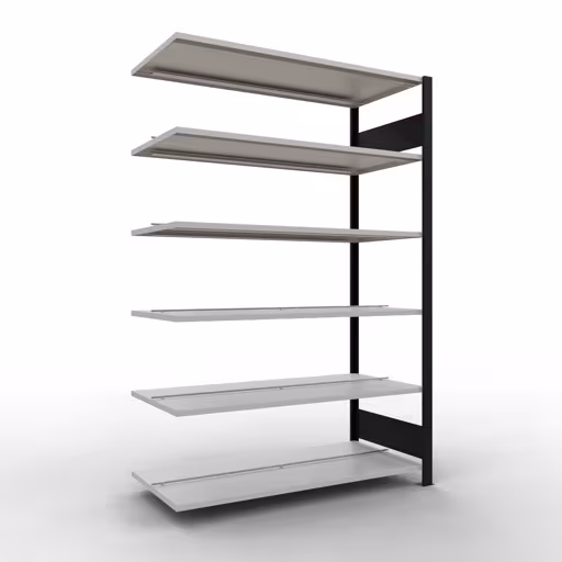 Anbauregal, Büro-Fachbodenregal Stecksystem MULTIplus150, 2000 x 1300 x 600 mm (HxBxT), 6 Fachböden, Längenriegel, mit Mittelanschlag, schwarz/lichtgrau von der Marke Schulte Lagertechnik Anbauregal, Büro-Fachbodenregal Stecksystem MULTIplus150, 2000 x 1300 x 600 mm (HxBxT), 6 Fachböden, Längenriegel, mit Mittelanschlag, schwarz/lichtgrau aus der Kategorie Stecksystem mit der Artikelnummer 36047-S