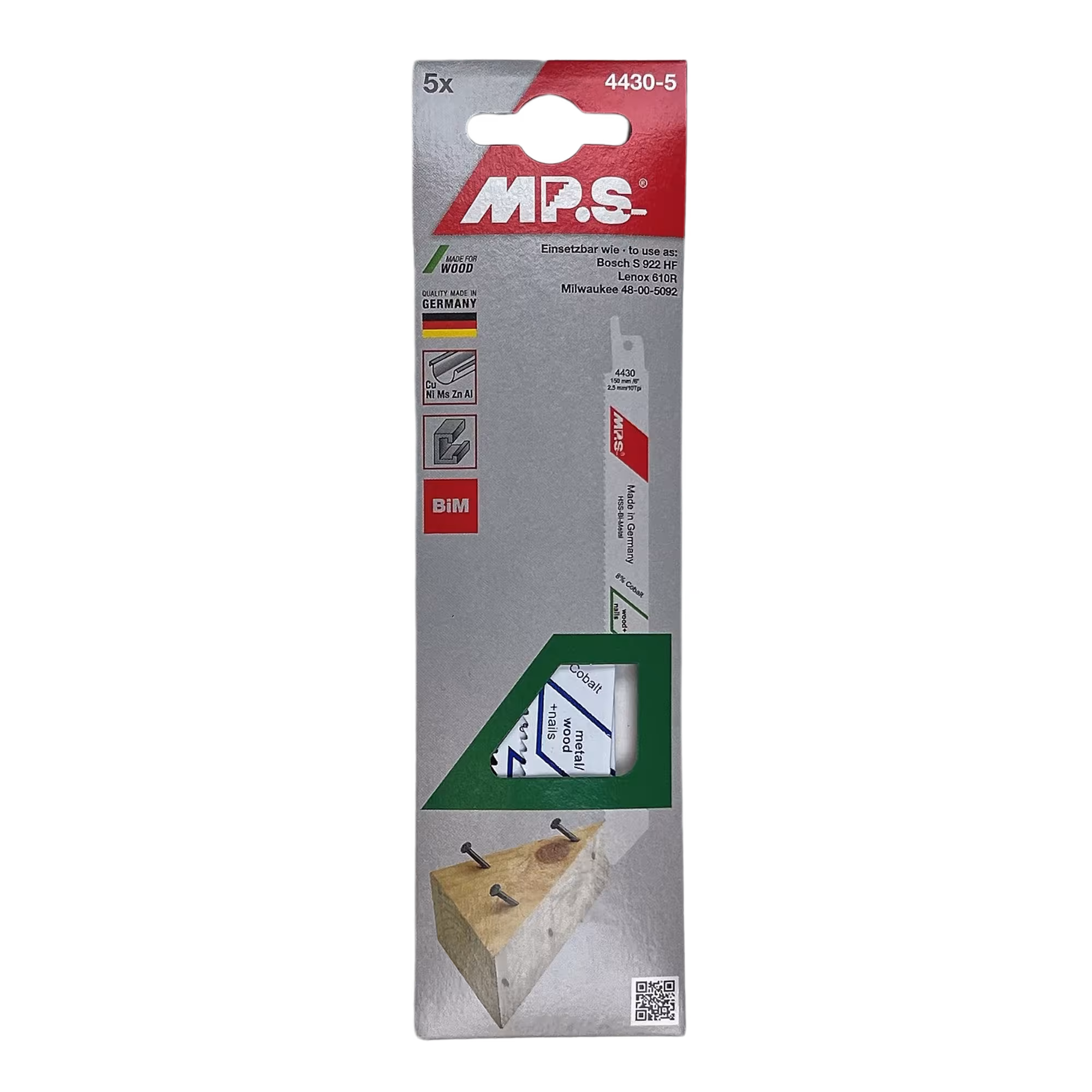 MPS Bi-Metall-Säbelsägeblatt für Holz nagelfest Ausführung Ausführung: 150 mm mit der GTIN 4028655044305 Bi-Metall-Säbelsägeblatt gefräst und geschränkt Gesamtlänge 150/verzahnte Länge 130mm, Zahnteilung 2,5mm von MPS mit der Artikelnr. 4430-5