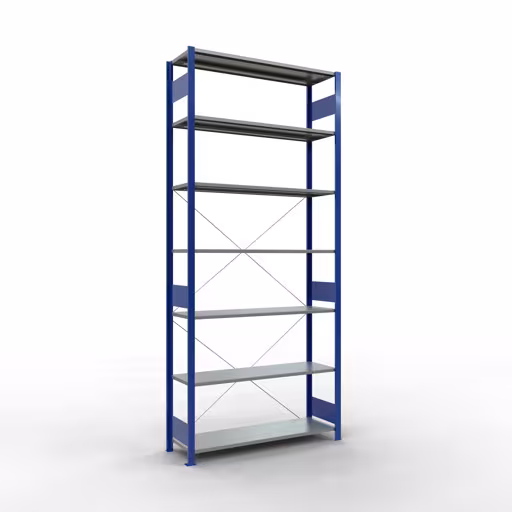 Grundregal, Fachbodenregal Stecksystem MULTIplus150, 3000 x 1300 x 400 mm (HxBxT), 7 Fachböden, Kreuzstrebe, RAL 5010 enzianblau/verzinkt aus der Kategorie Grundregal mit der Artikelnummer 12742-130-B