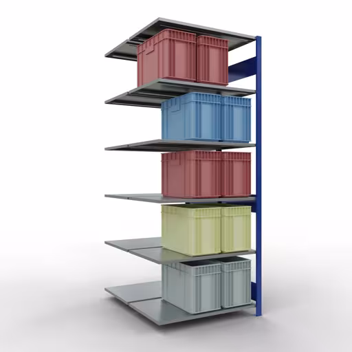 Zusatzbild des Artikels Anbauregal, Doppelregal, Fachbodenregal Stecksystem MULTIplus150, 2500 x 1000 x (2x600) mm (HxBxT), 2x6 Fachböden, Längenriegel, RAL 5010 enzianblau aus Doppelregale