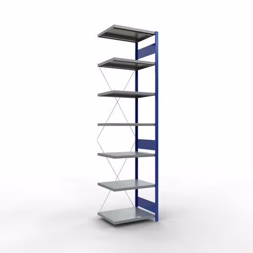 Anbauregal, Fachbodenregal Stecksystem MULTIplus250, 3000 x 750 x 600 mm (HxBxT), 7 Fachböden, Kreuzstrebe, RAL 5010 enzianblau/verzinkt/verzinkt aus der Kategorie Anbauregal mit der Artikelnummer 12967-75-B