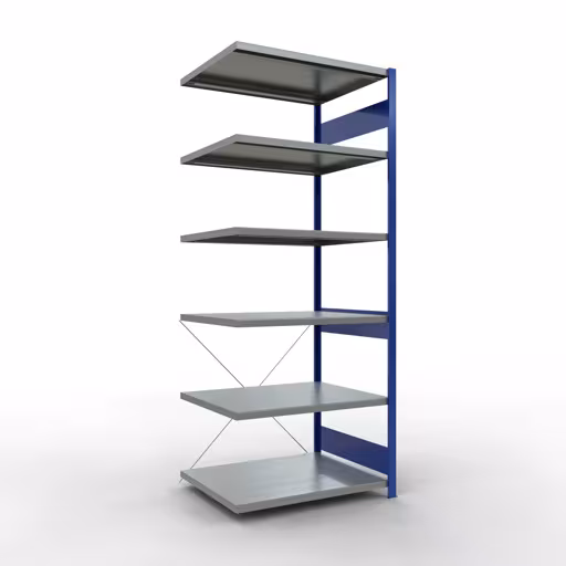 Anbauregal, Fachbodenregal Stecksystem MULTIplus250, 2500 x 1000 x 800 mm (HxBxT), 6 Fachböden, Kreuzstrebe, RAL 5010 enzianblau/verzinkt aus der Kategorie Anbauregal mit der Artikelnummer 12986-B