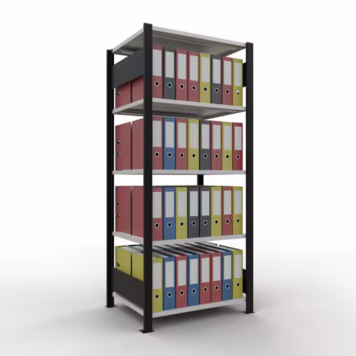 Produktbild Nr 13 des Artikels Grundregal, Büro-Fachbodenregal Stecksystem MULTIplus150, 1800 x 750 x 600 mm (HxBxT), 5 Fachböden, Längenriegel, ohne Mittelanschlag, schwarz/lichtgrau Abbildung Nr 13 des Artikels Grundregal, Büro-Fachbodenregal Stecksystem MULTIplus150, 1800 x 750 x 600 mm (HxBxT), 5 Fachböden, Längenriegel, ohne Mittelanschlag, schwarz/lichtgrau aus der Produktgruppe Büroregale von der Marke Schulte Lagertechnik