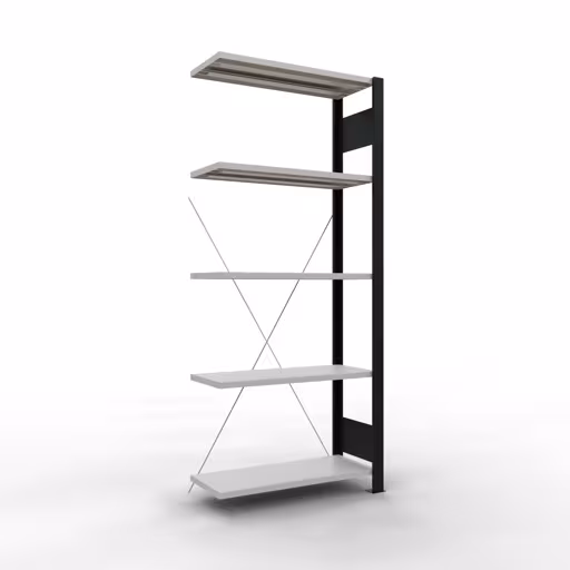 Anbauregal, Büro-Fachbodenregal Stecksystem MULTIplus85, 1800 x 750 x 300 mm (HxBxT), 5 Fachböden, Kreuzstrebe, ohne Anschlagleiste, schwarz/lichtgrau von der Marke Schulte Lagertechnik Anbauregal, Büro-Fachbodenregal Stecksystem MULTIplus85, 1800 x 750 x 300 mm (HxBxT), 5 Fachböden, Kreuzstrebe, ohne Anschlagleiste, schwarz/lichtgrau aus der Kategorie Stecksystem mit der Artikelnummer 36021-S