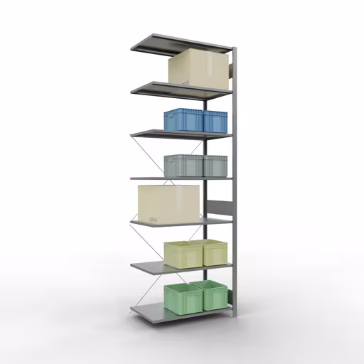 Produktbild Nr 15 des Artikels Anbauregal, Fachbodenregal Stecksystem MULTIplus85, 3000 x 1000 x 600 mm (HxBxT), 7 Fachböden, Kreuzstrebe, verzinkt Abbildung Nr 15 des Artikels Anbauregal, Fachbodenregal Stecksystem MULTIplus85, 3000 x 1000 x 600 mm (HxBxT), 7 Fachböden, Kreuzstrebe, verzinkt aus der Produktgruppe Stecksystem von der Marke Schulte Lagertechnik