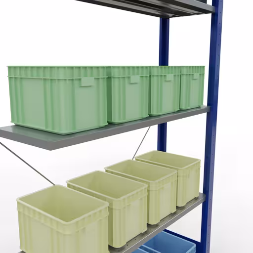 Abbildung Nr 11 des Artikels Anbauregal, Fachbodenregal Stecksystem MULTIplus85, 2000 x 1000 x 300 mm (HxBxT), 5 Fachböden, Kreuzstrebe, RAL 5010 enzianblau aus der Produktgruppe Stecksystem von der Marke Schulte Lagertechnik