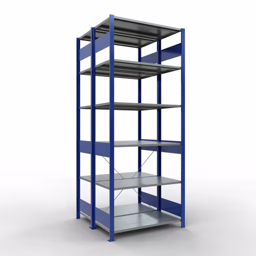 Grundregal, Doppelregal, Fachbodenregal Stecksystem MULTIplus150, 2500 x 1000 x (2x500) mm (HxBxT), 2x6 Fachböden, Kreuzstrebe, RAL 5010 enzianblau aus der Kategorie Doppelregale mit der Artikelnummer 32751-B