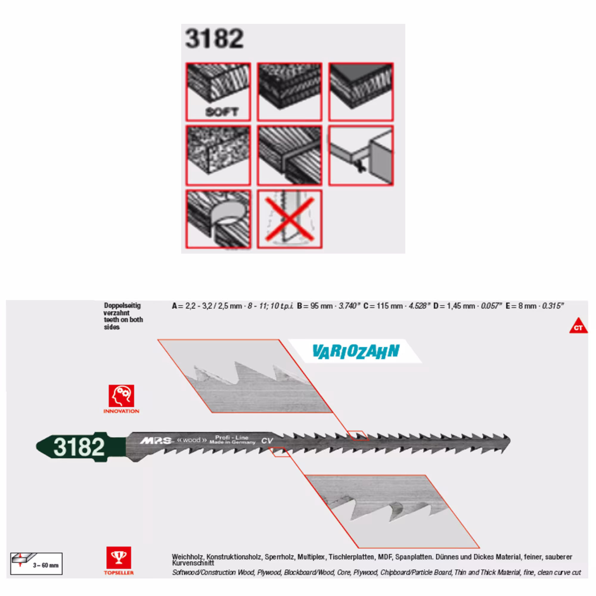 CV-Stichsägeblatt geschliffen, konisch beidseitig verzahnt, für extreme Kurvenschnitte Gesamtlänge 115/verzahnte Länge 95mm von MPS mit der Artikelnr. 3182-5