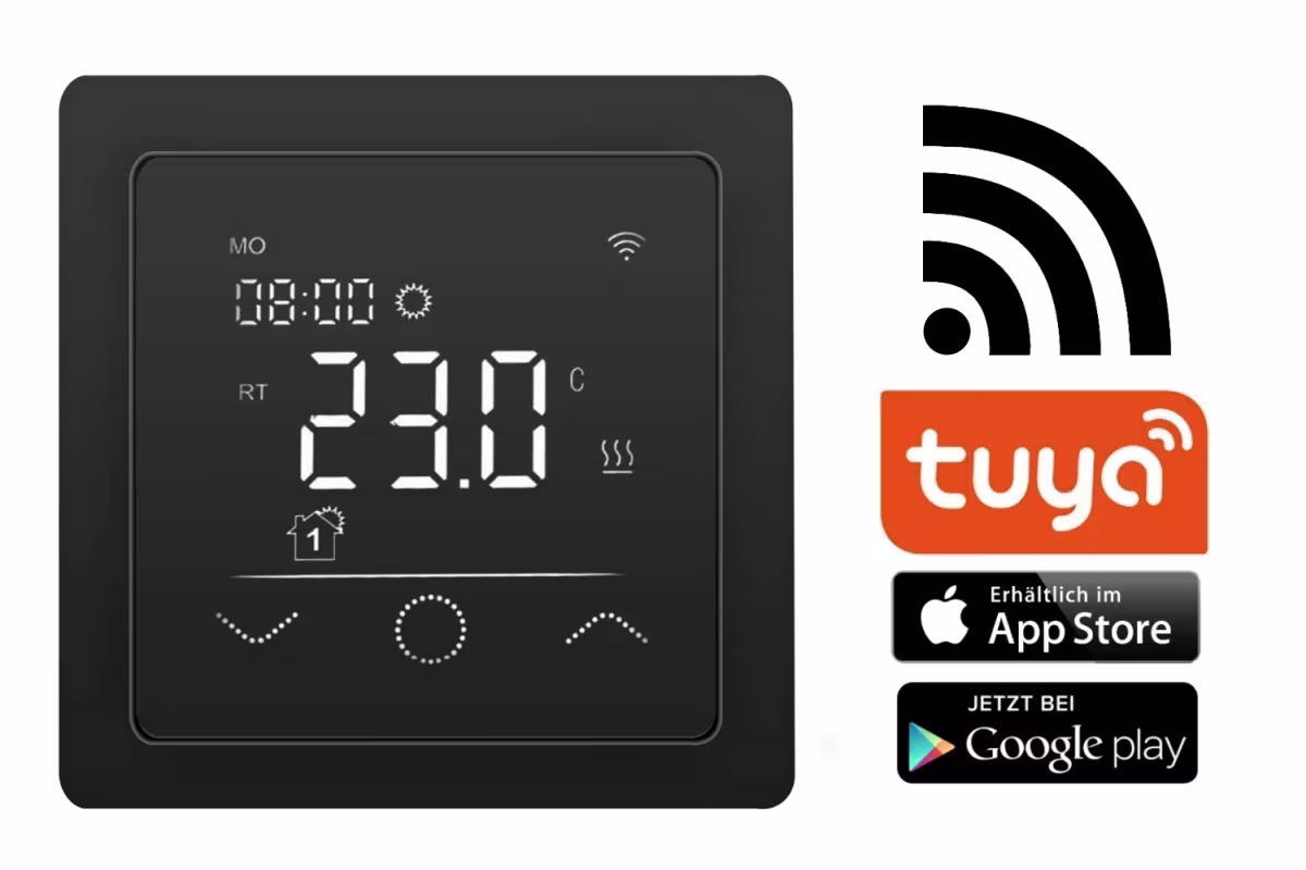 HoWaTech Temperaturregler WLAN Touch 750 schwarz | für elektrische Fußbodenheizung | tuya App aus der Kategorie Fußbodenheizungs-Regelung  & Elektrik mit der Artikelnummer 906043