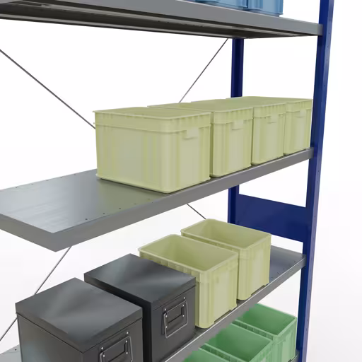 Produktbild Nr 15 des Artikels Anbauregal, Fachbodenregal Stecksystem MULTIplus250, 3000 x 1300 x 400 mm (HxBxT), 7 Fachböden, Kreuzstrebe, RAL 5010 enzianblau/verzinkt Abbildung Nr 15 des Artikels Anbauregal, Fachbodenregal Stecksystem MULTIplus250, 3000 x 1300 x 400 mm (HxBxT), 7 Fachböden, Kreuzstrebe, RAL 5010 enzianblau/verzinkt aus der Produktgruppe Stecksystem von der Marke Schulte Lagertechnik