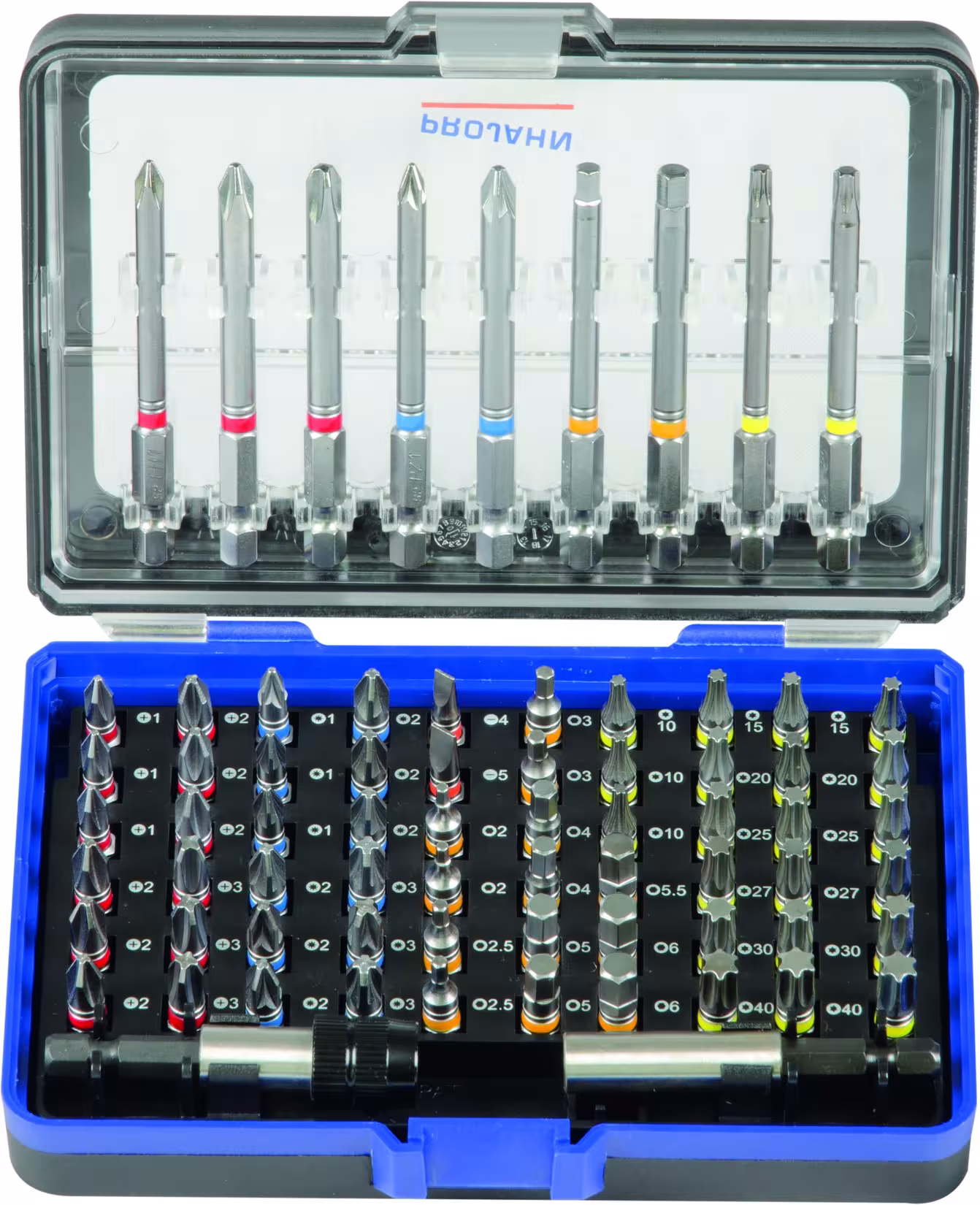 COLOR Bit-Box XL 6,3 Ausführung Variante: 1/4" Bit Box mit markierten Bits 71 teilig mit der GTIN 4000146040904 1/4" Bit Box mit markierten Bits 71tlg von PROJAHN mit der Artikelnr. 4090