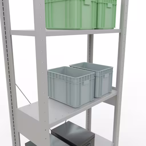 Andere Ansicht des Artikels Grundregal, Fachbodenregal Stecksystem MULTIplus150, 2500 x 750 x 300 mm (HxBxT), 6 Fachböden, Kreuzstrebe, RAL 7035 lichtgrau aus der Kategorie Stecksystem