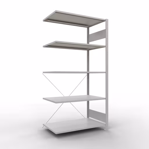 Anbauregal, Fachbodenregal Stecksystem MULTIplus85, 2000 x 1000 x 600 mm (HxBxT), 5 Fachböden, Kreuzstrebe, RAL 7035 lichtgrau aus der Kategorie Anbauregal mit der Artikelnummer 33065
