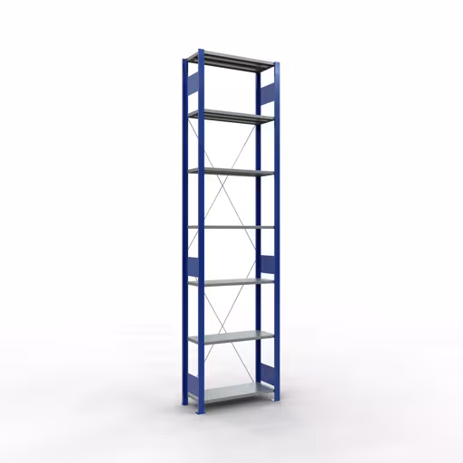 Grundregal, Fachbodenregal Stecksystem MULTIplus150, 3000 x 750 x 300 mm (HxBxT), 7 Fachböden, Kreuzstrebe, RAL 5010 enzianblau/verzinkt/verzinkt aus der Kategorie Grundregal mit der Artikelnummer 12732-75-B