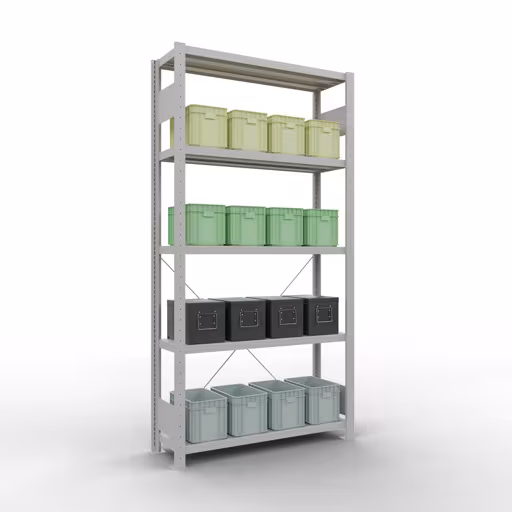 Zusatzbild des Artikels Grundregal, Fachbodenregal Stecksystem MULTIplus250, 2000 x 1000 x 300 mm (HxBxT), 5 Fachböden, Kreuzstrebe, RAL 7035 lichtgrau Zusatzbild des Artikels Grundregal, Fachbodenregal Stecksystem MULTIplus250, 2000 x 1000 x 300 mm (HxBxT), 5 Fachböden, Kreuzstrebe, RAL 7035 lichtgrau aus Grundregal