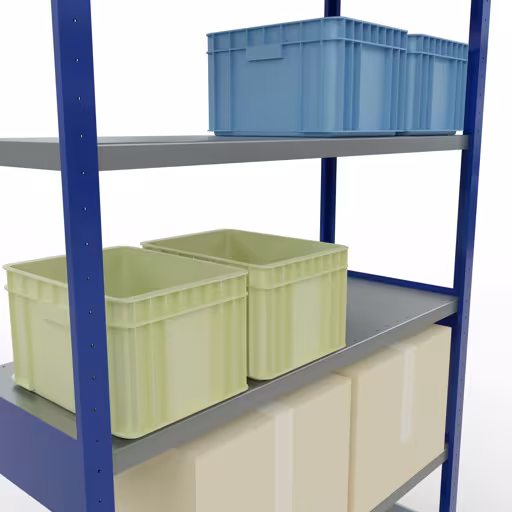 Zusatzbild des Artikels Grundregal, Fachbodenregal Stecksystem MULTIplus250, 2500 x 1300 x 500 mm (HxBxT), 6 Fachböden, Kreuzstrebe, RAL 5010 enzianblau/verzinkt aus Grundregal