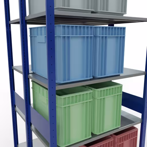 Andere Ansicht des Artikels Grundregal, Doppelregal, Fachbodenregal Stecksystem MULTIplus150, 3000 x 1000 x (2x500) mm (HxBxT), 2x7 Fachböden, Längenriegel, RAL 5010 enzianblau aus der Kategorie Fachbodenregale