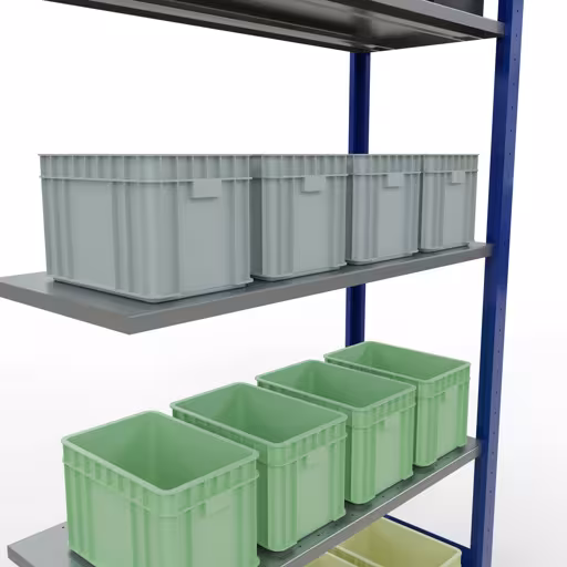 Abbildung Nr 9 des Artikels Anbauregal, Fachbodenregal Stecksystem MULTIplus85, 2000 x 1000 x 400 mm (HxBxT), 5 Fachböden, Längenriegel, RAL 5010 enzianblau aus der Produktgruppe Stecksystem von der Marke Schulte Lagertechnik