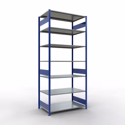 Grundregal, Fachbodenregal Stecksystem MULTIplus150, 3000 x 1300 x 800 mm (HxBxT), 7 Fachböden, Längenriegel, RAL 5010 enzianblau/verzinkt aus der Kategorie Grundregal mit der Artikelnummer 12782-130-LR-B