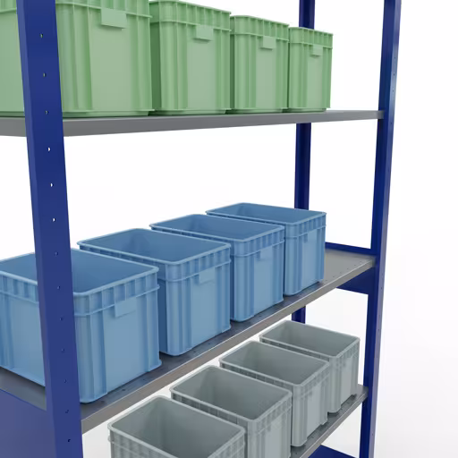 Produktbild Nr.7 des Artikels Grundregal, Fachbodenregal Stecksystem MULTIplus150, 2500 x 1300 x 300 mm (HxBxT), 6 Fachböden, Längenriegel, RAL 5010 enzianblau/verzinkt aus der Produktreihe Stecksystem von der Marke Schulte Lagertechnik