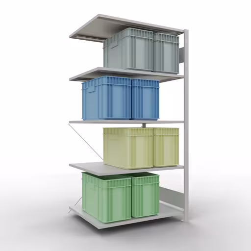 Abbildung Nr 13 des Artikels Anbauregal, Fachbodenregal Stecksystem MULTIplus150, 2000 x 1000 x 800 mm (HxBxT), 5 Fachböden, Kreuzstrebe, RAL 7035 lichtgrau aus der Produktgruppe Stecksystem von der Marke Schulte Lagertechnik