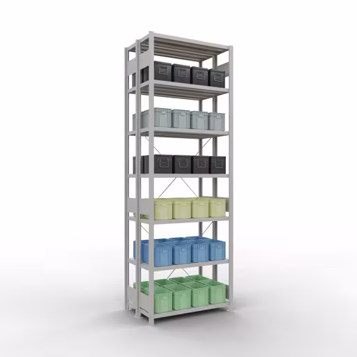 Andere Ansicht des Artikels Grundregal, Doppelregal, Fachbodenregal Stecksystem MULTIplus250, 3000 x 1000 x (2x300) mm (HxBxT), 2x7 Fachböden, Kreuzstrebe, RAL 7035 lichtgrau aus der Kategorie Doppelregale