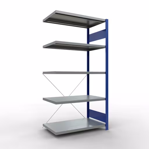 Anbauregal, Fachbodenregal Stecksystem MULTIplus330, 2000 x 1000 x 600 mm (HxBxT), 5 Fachböden, Kreuzstrebe, RAL 5010 enzianblau/verzinkt aus der Kategorie Anbauregal mit der Artikelnummer 13965-B
