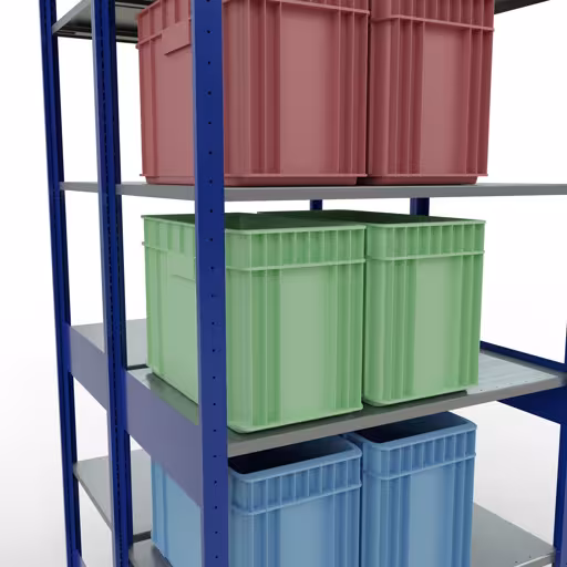 Andere Ansicht des Artikels Grundregal, Doppelregal, Fachbodenregal Stecksystem MULTIplus150, 2500 x 1000 x (2x600) mm (HxBxT), 2x6 Fachböden, Längenriegel, RAL 5010 enzianblau aus der Kategorie Fachbodenregale